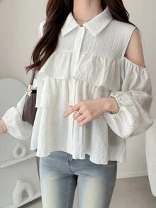FRIFUL Solid Cold Shoulder Ruffle Trim Shirt Fall - White - View 7