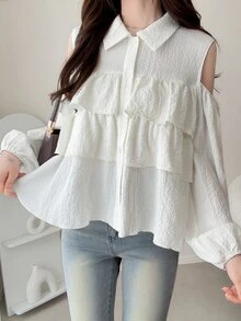 FRIFUL Solid Cold Shoulder Ruffle Trim Shirt Fall - White - View 4