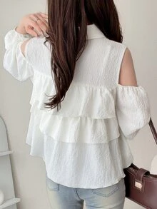 FRIFUL Solid Cold Shoulder Ruffle Trim Shirt Fall - White - View 2