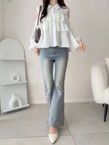 FRIFUL Solid Cold Shoulder Ruffle Trim Shirt Fall - White - View 3