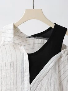 SHEIN 1件女孩青少年上衣，秋季上衣，秋季，翻領，不對稱肩，2合1，垂直條紋，長袖 - 黑與白 - 查看 8