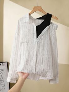 SHEIN 1件女孩青少年上衣，秋季上衣，秋季，翻領，不對稱肩，2合1，垂直條紋，長袖 - 黑與白 - 查看 7