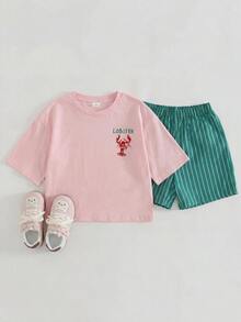 SHEIN LMoss Kids 少女字母條紋印花落肩袖T恤與短褲休閒套裝 - 粉色 - 查看 5