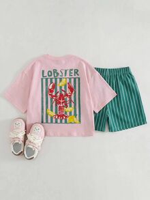 SHEIN LMoss Kids 少女字母條紋印花落肩袖T恤與短褲休閒套裝 - 粉色 - 查看 7