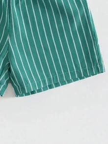 SHEIN LMoss Kids 少女字母條紋印花落肩袖T恤與短褲休閒套裝 - 粉色 - 查看 3