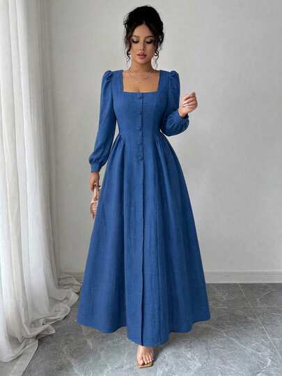 Elenzga Summer Mother's Day Light Business Travel Elegant Commute Generous Collar Lantern Sleeve Button-Down Waist-Cinching Flared Midi Dress Solid Textured Fabric Light Blue Long Dress