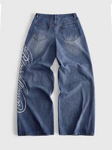 ROMWE MEN Men's Casual Everyday Denim Jeans With Pocket, Button And Letter Pattern - Dusty Blue - View 3