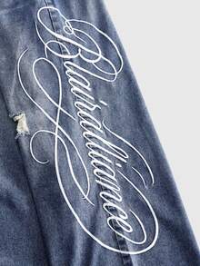 ROMWE MEN Men's Casual Everyday Denim Jeans With Pocket, Button And Letter Pattern - Dusty Blue - View 2