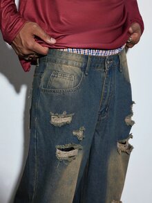 Modcrash 1pc Hearty Haven Distressed American Street Style Loose Fit Wide Leg Washed Denim Jeans For Men (No Belt Or Accessories) Fall/Autumn/Winter - Bronze - View 8