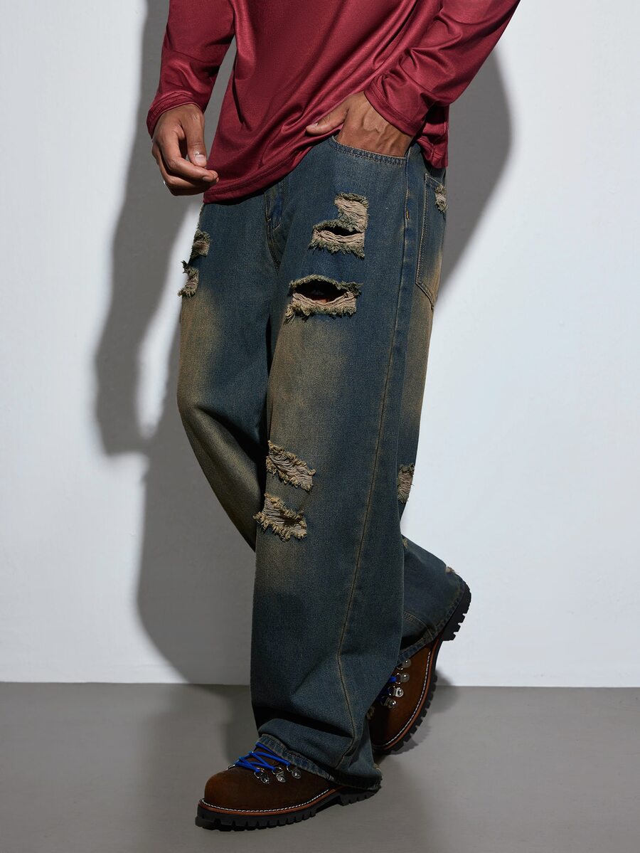 Modcrash 1pc Hearty Haven Distressed American Street Style Loose Fit Wide Leg Washed Denim Jeans For Men (No Belt Or Accessories) Fall/Autumn/Winter - Bronze - View 1