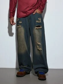 Modcrash 1pc Hearty Haven Distressed American Street Style Loose Fit Wide Leg Washed Denim Jeans For Men (No Belt Or Accessories) Fall/Autumn/Winter - Bronze - View 4