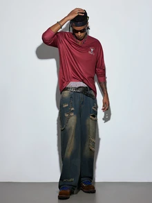 Modcrash 1pc Hearty Haven Distressed American Street Style Loose Fit Wide Leg Washed Denim Jeans For Men (No Belt Or Accessories) Fall/Autumn/Winter - Bronze - View 3