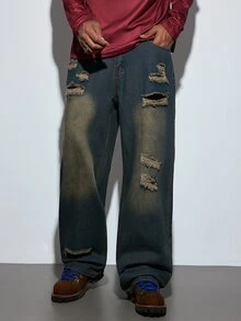 Modcrash 1pc Hearty Haven Distressed American Street Style Loose Fit Wide Leg Washed Denim Jeans For Men (No Belt Or Accessories) Fall/Autumn/Winter - Bronze - View 5