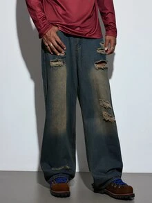 Modcrash 1pc Hearty Haven Distressed American Street Style Loose Fit Wide Leg Washed Denim Jeans For Men (No Belt Or Accessories) Fall/Autumn/Winter - Bronze - View 6