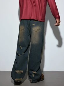 Modcrash 1pc Hearty Haven Distressed American Street Style Loose Fit Wide Leg Washed Denim Jeans For Men (No Belt Or Accessories) Fall/Autumn/Winter - Bronze - View 2