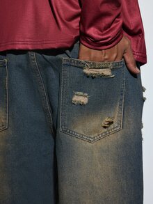 Modcrash 1pc Hearty Haven Distressed American Street Style Loose Fit Wide Leg Washed Denim Jeans For Men (No Belt Or Accessories) Fall/Autumn/Winter - Bronze - View 7