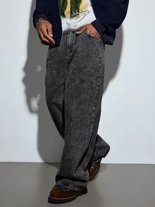 Modcrash Grunge Goth Y2K Style Men's Casual Embroidered Loose Wide-Leg Jeans, Versatile All-Season, Fashion Streetwear Personalized, Suitable For Work, Commute, Stage Performance, Gathering With Friends, Outdoor Wear Fall/Autumn/Winter - Grey - View 6