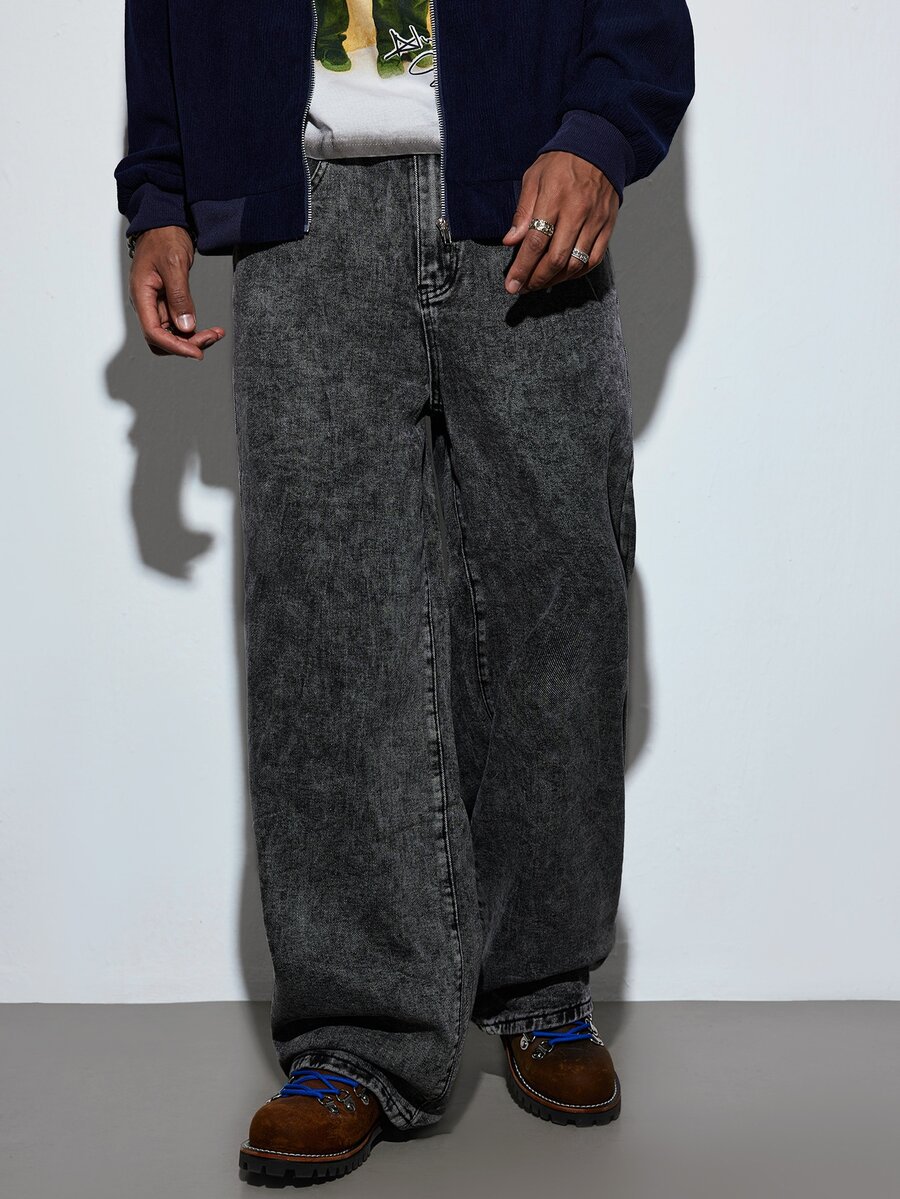 Modcrash Grunge Goth Y2K Style Men's Casual Embroidered Loose Wide-Leg Jeans, Versatile All-Season, Fashion Streetwear Personalized, Suitable For Work, Commute, Stage Performance, Gathering With Friends, Outdoor Wear Fall/Autumn/Winter