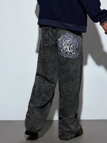 Modcrash Grunge Goth Y2K Style Men's Casual Embroidered Loose Wide-Leg Jeans, Versatile All-Season, Fashion Streetwear Personalized, Suitable For Work, Commute, Stage Performance, Gathering With Friends, Outdoor Wear Fall/Autumn/Winter - Grey - View 3