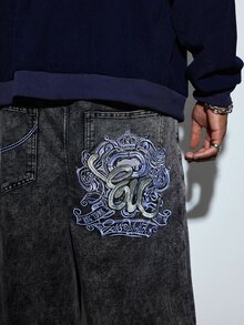 Modcrash Grunge Goth Y2K Style Men's Casual Embroidered Loose Wide-Leg Jeans, Versatile All-Season, Fashion Streetwear Personalized, Suitable For Work, Commute, Stage Performance, Gathering With Friends, Outdoor Wear Fall/Autumn/Winter - Grey - View 9