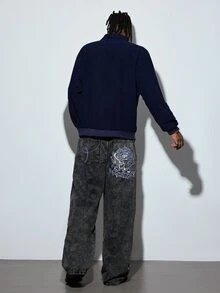 Modcrash Grunge Goth Y2K Style Men's Casual Embroidered Loose Wide-Leg Jeans, Versatile All-Season, Fashion Streetwear Personalized, Suitable For Work, Commute, Stage Performance, Gathering With Friends, Outdoor Wear Fall/Autumn/Winter - Grey - View 8