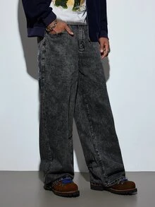Modcrash Grunge Goth Y2K Style Men's Casual Embroidered Loose Wide-Leg Jeans, Versatile All-Season, Fashion Streetwear Personalized, Suitable For Work, Commute, Stage Performance, Gathering With Friends, Outdoor Wear Fall/Autumn/Winter - Grey - View 5