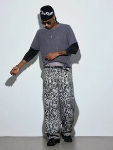 Modcrash Hearty Haven 1件裝美式街頭風圖案印花水洗寬腿牛仔長褲 男士通勤四季百搭休閒寬鬆長褲 不含腰帶與配件 秋季/秋冬/冬季 - 白色 - 查看 3