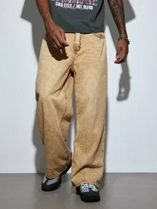 Modcrash بنطال جينز رجالي واسع الساق بأسلوب كوري، بنطال فضفاض بسيط متعدد الاستخدامات، بنطال كاجوال متعدد الأغراض، مناسب لجميع الفصول (الحزام والإكسسوارات غير مشمولة) الخريف/الشتاء - بني فاتح - مشاهدة 4
