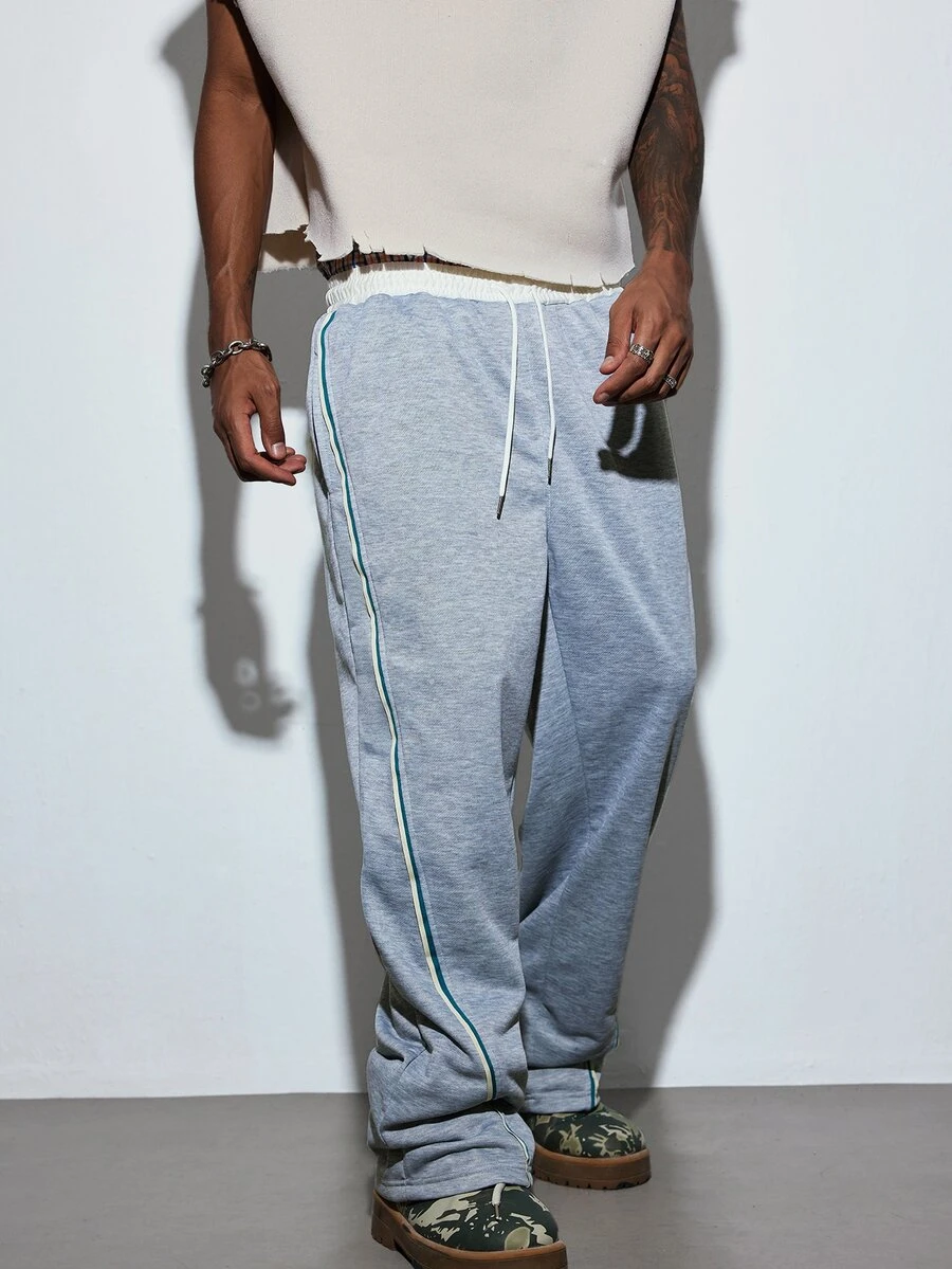 Modcrash Celana Panjang Pria Kasual Fashion dengan Tali Serut dan Garis-garis, Potongan Lurus - Grey - View 1