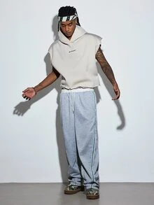 Modcrash Celana Panjang Pria Kasual Fashion dengan Tali Serut dan Garis-garis, Potongan Lurus - Grey - View 3