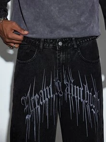 Modcrash Men's Gothic Retro Street Wide Leg Jeans, Exquisite Embroidery On Back Pockets, Casual Commuter Long Pants For All Seasons(No Belt & Accessories) Fall/Autumn/Winter - Black - View 7