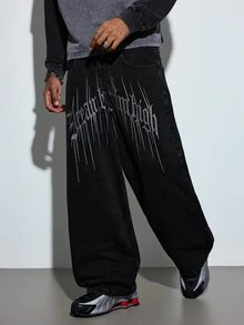 Modcrash Men's Gothic Retro Street Wide Leg Jeans, Exquisite Embroidery On Back Pockets, Casual Commuter Long Pants For All Seasons(No Belt & Accessories) Fall/Autumn/Winter - Black - View 5