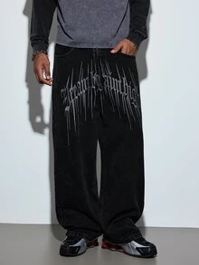 Modcrash Men's Gothic Retro Street Wide Leg Jeans, Exquisite Embroidery On Back Pockets, Casual Commuter Long Pants For All Seasons(No Belt & Accessories) Fall/Autumn/Winter - Black - View 6