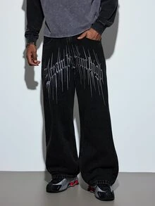 Modcrash Men's Gothic Retro Street Wide Leg Jeans, Exquisite Embroidery On Back Pockets, Casual Commuter Long Pants For All Seasons(No Belt & Accessories) Fall/Autumn/Winter - Black - View 4