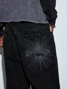 Modcrash Men's Gothic Retro Street Wide Leg Jeans, Exquisite Embroidery On Back Pockets, Casual Commuter Long Pants For All Seasons(No Belt & Accessories) Fall/Autumn/Winter - Black - View 8