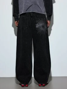 Modcrash Men's Gothic Retro Street Wide Leg Jeans, Exquisite Embroidery On Back Pockets, Casual Commuter Long Pants For All Seasons(No Belt & Accessories) Fall/Autumn/Winter - Black - View 2