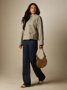MISSGUIDED Mandarin Collar Frog Button Closure Cropped Blouse With Long Boxy Sleeves Chinese Inspired Toggle Detail Spring Summer Top - Grey - View 3