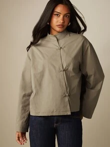 MISSGUIDED Mandarin Collar Frog Button Closure Cropped Blouse With Long Boxy Sleeves Chinese Inspired Toggle Detail Spring Summer Top - Grey - View 1