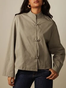 MISSGUIDED Mandarin Collar Frog Button Closure Cropped Blouse With Long Boxy Sleeves Chinese Inspired Toggle Detail Spring Summer Top - Grey - View 4