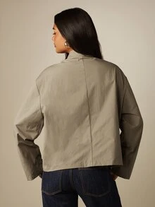 MISSGUIDED Mandarin Collar Frog Button Closure Cropped Blouse With Long Boxy Sleeves Chinese Inspired Toggle Detail Spring Summer Top - Grey - View 2