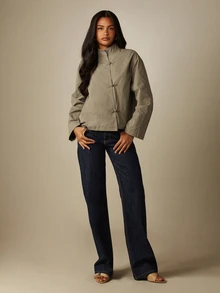 MISSGUIDED Mandarin Collar Frog Button Closure Cropped Blouse With Long Boxy Sleeves Chinese Inspired Toggle Detail Spring Summer Top - Grey - View 5