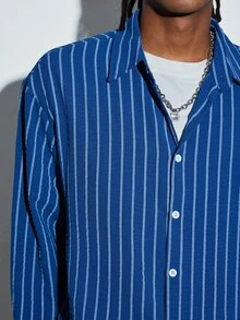 Modcrash Men's Casual Striped Single-Breasted Long Sleeve Shirt, Comfortable And Versatile, Holiday Gift - Blue - View 7