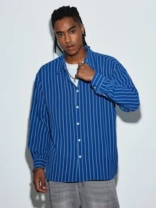 Modcrash Men's Casual Striped Single-Breasted Long Sleeve Shirt, Comfortable And Versatile, Holiday Gift - Blue - View 4