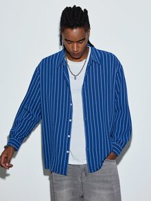 Modcrash Men's Casual Striped Single-Breasted Long Sleeve Shirt, Comfortable And Versatile, Holiday Gift - Blue - View 5