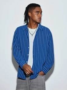 Modcrash Men's Casual Striped Single-Breasted Long Sleeve Shirt, Comfortable And Versatile, Holiday Gift - Blue - View 6
