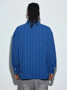 Modcrash Men's Casual Striped Single-Breasted Long Sleeve Shirt, Comfortable And Versatile, Holiday Gift - Blue - View 2