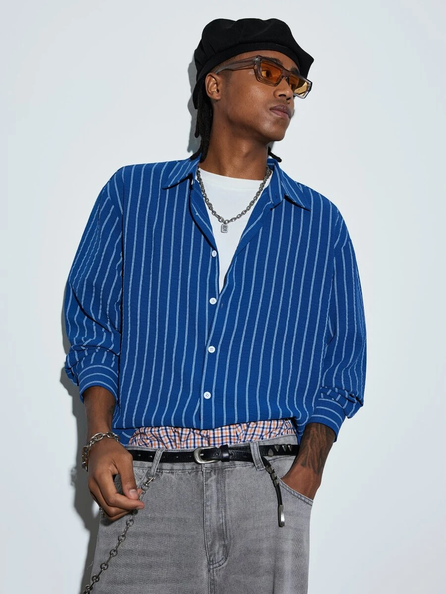 Modcrash Men's Casual Striped Single-Breasted Long Sleeve Shirt, Comfortable And Versatile, Holiday Gift - Blue - View 1
