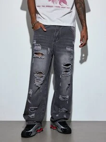 Modcrash American Street Style Personalized Patchwork Distressed Wide Leg Jeans Men Bad Boy Loose Design Straight Leg Pants Fall/Autumn/Winter - Grey - View 5
