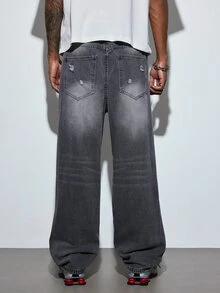 Modcrash American Street Style Personalized Patchwork Distressed Wide Leg Jeans Men Bad Boy Loose Design Straight Leg Pants Fall/Autumn/Winter - Grey - View 2