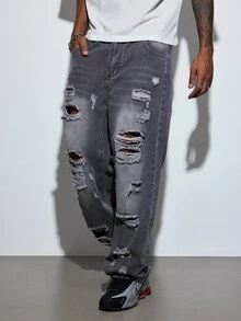 Modcrash American Street Style Personalized Patchwork Distressed Wide Leg Jeans Men Bad Boy Loose Design Straight Leg Pants Fall/Autumn/Winter - Grey - View 6